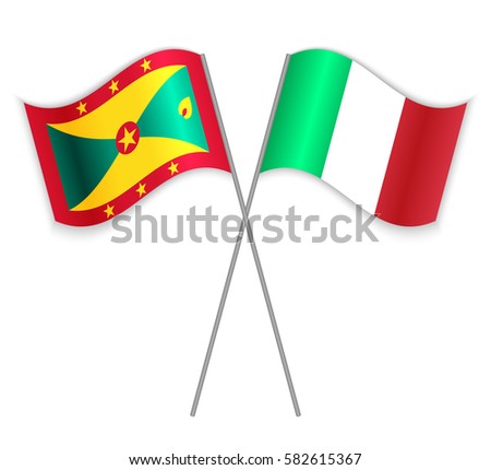 Grenadian and Italian crossed flags. Grenada combined with Italy isolated on white. Language learning, international business or travel concept.