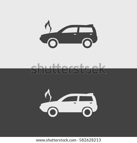 Car on fire  black and white icons.illustration isolated vector sign symbol 