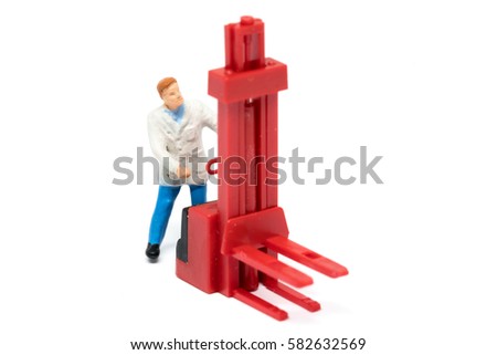 Miniature people delivery worker concept on white background with a space for text