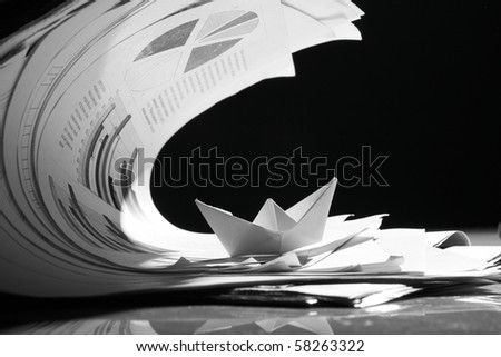 Business concept, paper boat and tsunami documents