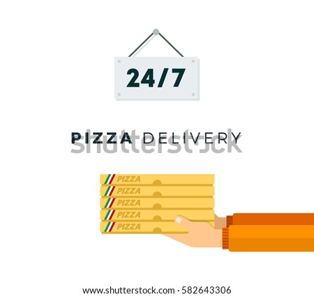 Hands with boxes of pizza twenty four hours vector flat material design isolated on white
