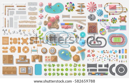 Set of landscape elements. Amusement park. Top view.
Fences, paths, lights, furniture, trees, attractions, tents, construction. View from above. Royalty-Free Stock Photo #582659788