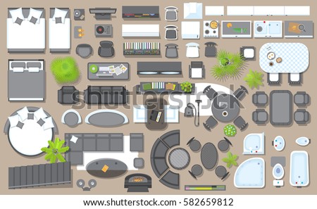 Icons set of interior (top view). Isolated Vector Illustration. Furniture and elements for living room, bedroom, kitchen, bathroom. Floor plan (view from above). Furniture store. Royalty-Free Stock Photo #582659812