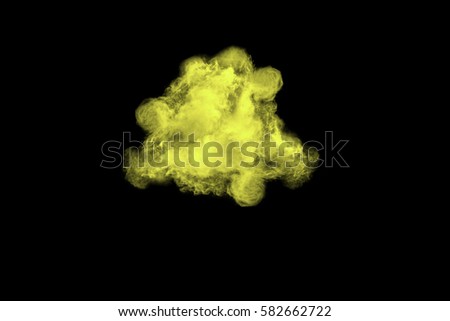 Abstract yellow dust explosion on  black background. Abstract yellow powder splatted on black background. Freeze motion of yellow powder exploding.