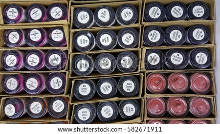 Stock lipstick packaged in a variety of colors and numbers.