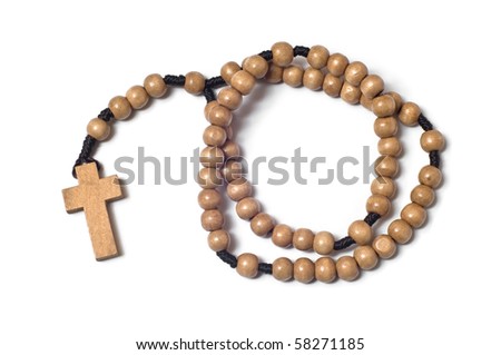 wooden rosary beads on white background
