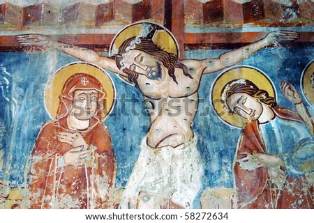 Ancient fresco, murals in Ghelinta (Gelence) church. Transylvania, Romania