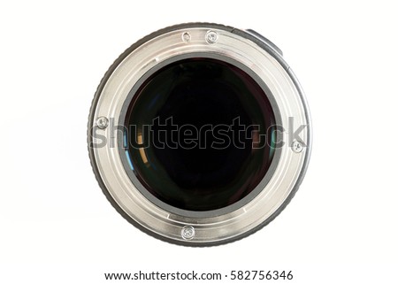 Camera photo lens close-up on white background with lense reflections.