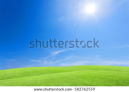 Green grass field with blue sky white cloud background