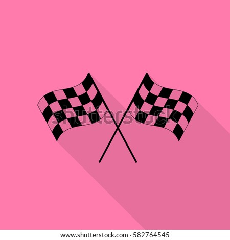 Crossed checkered flags logo waving in the wind conceptual of motor sport. Black icon with flat style shadow path on pink background.