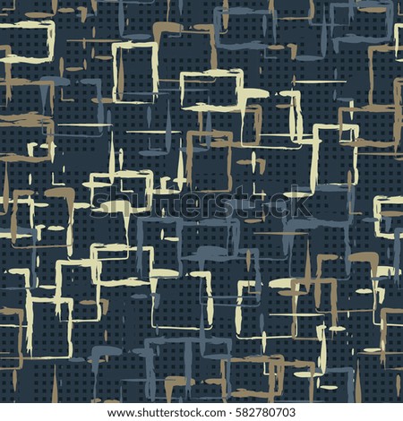 Seamless pattern. Careless drawing brush. Chaotic located rectangles. Colorful clutter. Children's camouflage. Flat. Cartoon. Grunge cloth.