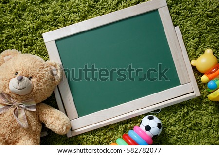 Kids chalkboard. Frame with a copy space. View from above