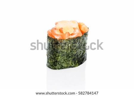 Gunkan Sushi salmon and spicy sauce on a white background