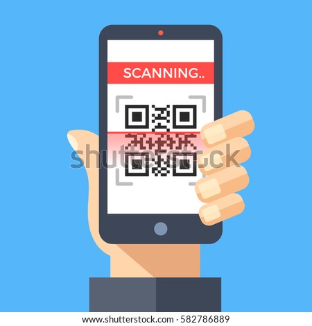 Scanning QR code with smartphone. Processing, reading QR code with mobile phone. Hand holding smartphone. Flat design graphic concept for web banners, websites, printed materials. Vector illustration