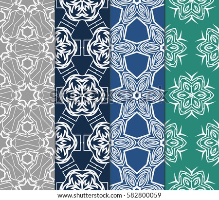 Set of seamless vector patterns. Geometric floral pattern of lines and shapes. Modern design for backgrounds, wallpaper, invitations.