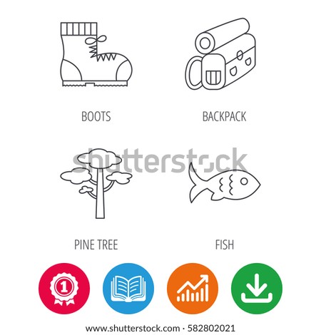 Pine tree, fish and hiking boots icons. Bonfire linear sign. Award medal, growth chart and opened book web icons. Download arrow. Vector