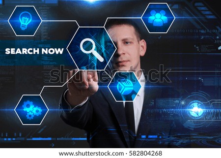 Business, Technology, Internet and network concept. Young businessman working on a virtual blackboard of the future, he sees the inscription: search now 