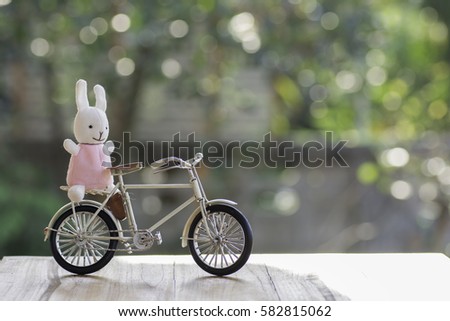 Rabbit doll on a bicycle and background bokeh.