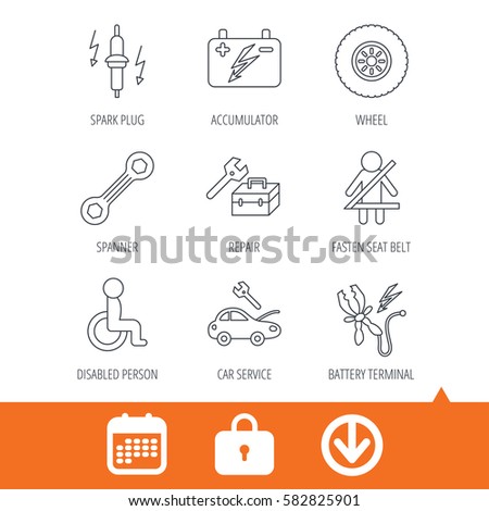 Accumulator, spanner tool and car service icons. Repair toolbox, wheel and spark plug linear signs. Disabled person, battery terminal icons. Download arrow, locker and calendar web icons. Vector