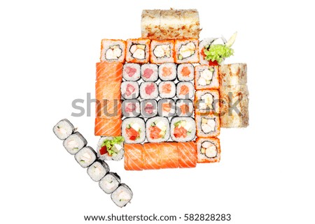 Set of rolls, roll with salmon, Philadelphia roll, tempura, california roll, roll with seaweed on the white background