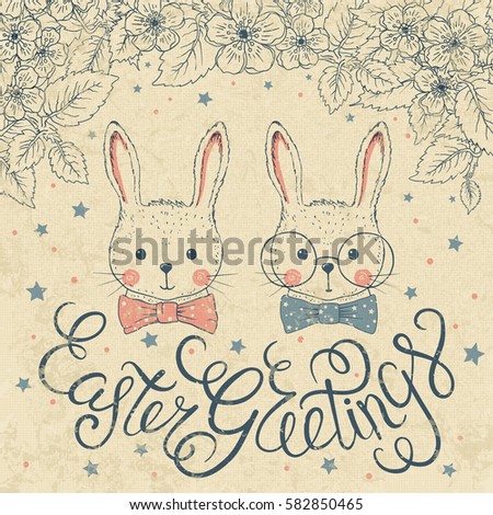 Vintage Easter Greetings card with cute rabbits, spring blossom branch, lettering on old paper background