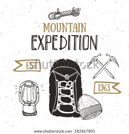 Mountain expedition vintage set. Hand drawn sketch elements for retro badge emblem, outdoor hiking adventure and mountains exploring label design, Extreme sports, vector illustration