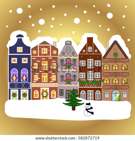 Vector illustration. Evening village winter landscape with snow cove houses. Christmas winter scene. Background.