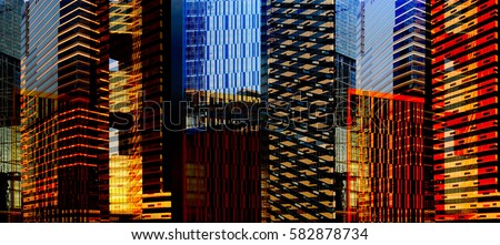 Dynamic business cityscape. Downtown district with skyscrapers / multistory office buildings. Reworked panoramic photo of modern architecture. Royalty-Free Stock Photo #582878734