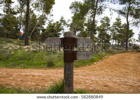 Wooden direction sign with two arrows in opposite directions on white background wooden arrow on the road in different