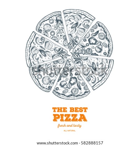 Italian Pizza hand drawn vector illustration. Pizza slices in a circle. Design template.