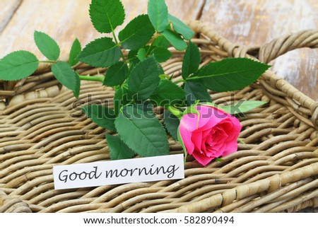 Good morning card with pink wild rose on wicker tray
