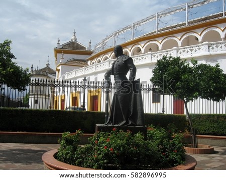 Bull ring, The statue of bullfighter ( toreodor) . Seville. Andalusia. Spain