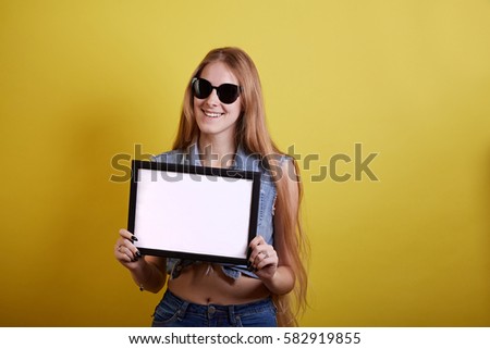 Girl student hold white blank board. female model.