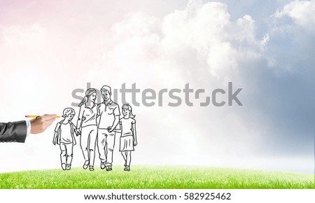 Hand drawn happy family in casual clothes with two children
