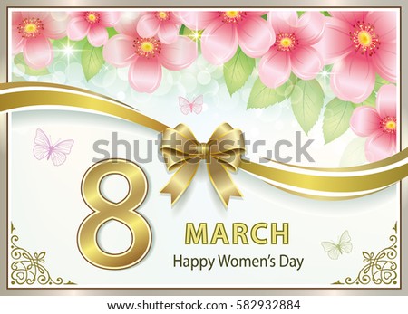 Romantic card with flowers in a frame with a ribbon and an ornament on March 8, International Women's Day. Vector illustration