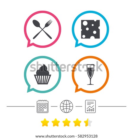 Food icons. Muffin cupcake symbol. Fork and spoon sign. Glass of champagne or wine. Slice of cheese. Calendar, internet globe and report linear icons. Star vote ranking. Vector