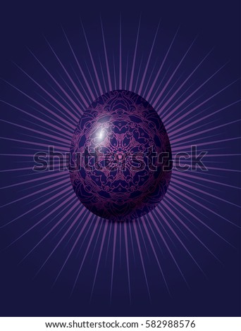 Vector Easter poster. Illustration of dark blue egg covered by pink mandala pattern with rays on the dark purple background.