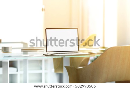 Blank laptop screen mockup in sunny office, depth of field effect, 3d rendering. Modern portable computer display mock up, glass desk, wooden chair, blurred background with sunset. Coworking work room