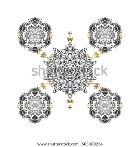 Golden elements with doodles, hand painted pattern. Vector with abstract hand drawn white snowflakes design on a white background.