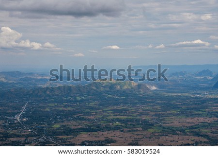 Landscape of the clear blue sky and mountain hiking route, taken from Phukradueng, Loey, Thailand
