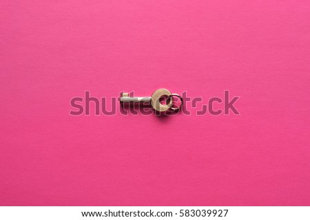 Golden key on a pink background, top view. Trendy colorful photo. Minimal style with colorful paper backdrop. Flat lay fashion concept: golden key on pastel background. Trendy minimal flat lay concept