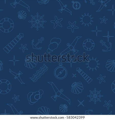 Vector flat sea seamless pattern background. Cute template with seashell, seagull bird, lighthouse, lifebuoy, starfish, anchor and ocean waves.