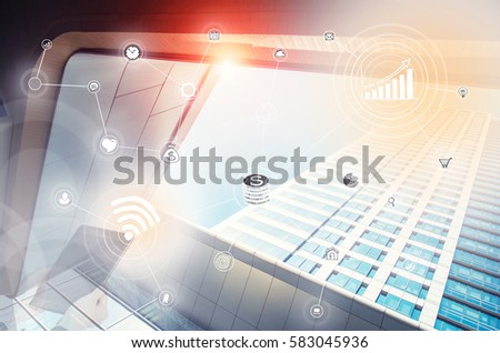 Close-up hand holding smart phone with business icon with smart city architecture in background. E-commerce connection technology concept.Can use for website background.