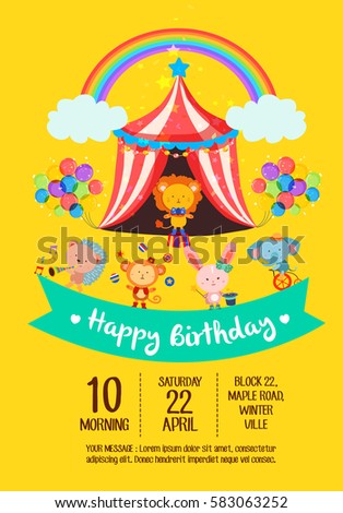 Colorful birthday invitation card with cute circus animals set two