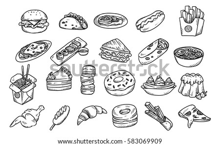 Set of hand drawn food isolated on white background 