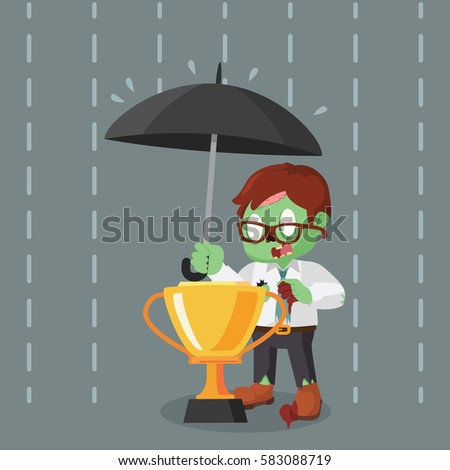 zombie businessman covering trophy with umbrella