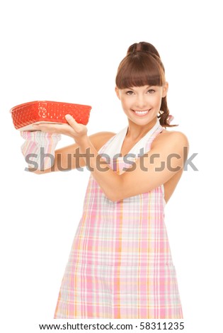 picture of beautiful cooking housewife over white