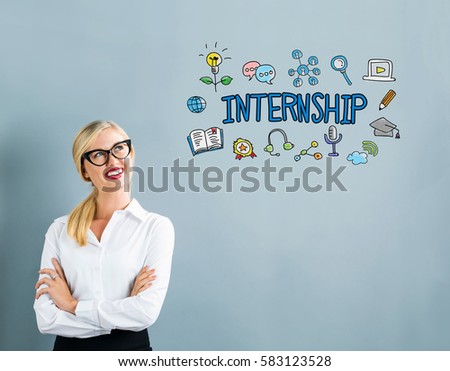 Internship text with business woman on a gray background
