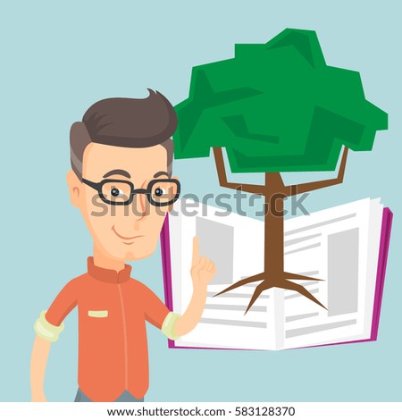 Happy caucasian student standing on the background of tree growing from open book. Cheerful student pointing at tree of knowledge. Concept of education. Vector flat design illustration. Square layout.