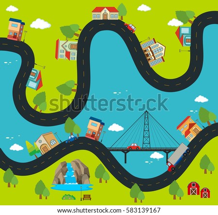 Road map with buildings and landmarks illustration